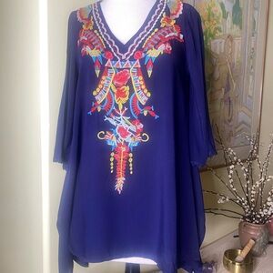 Anthropologie Embroidered Navy Blue Women's Solitare Top S